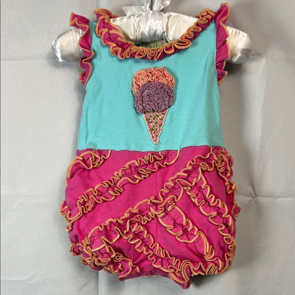 Lemon Loves Lime Ruffled ice cream cone appliqué pink blue Pima cotton bubble